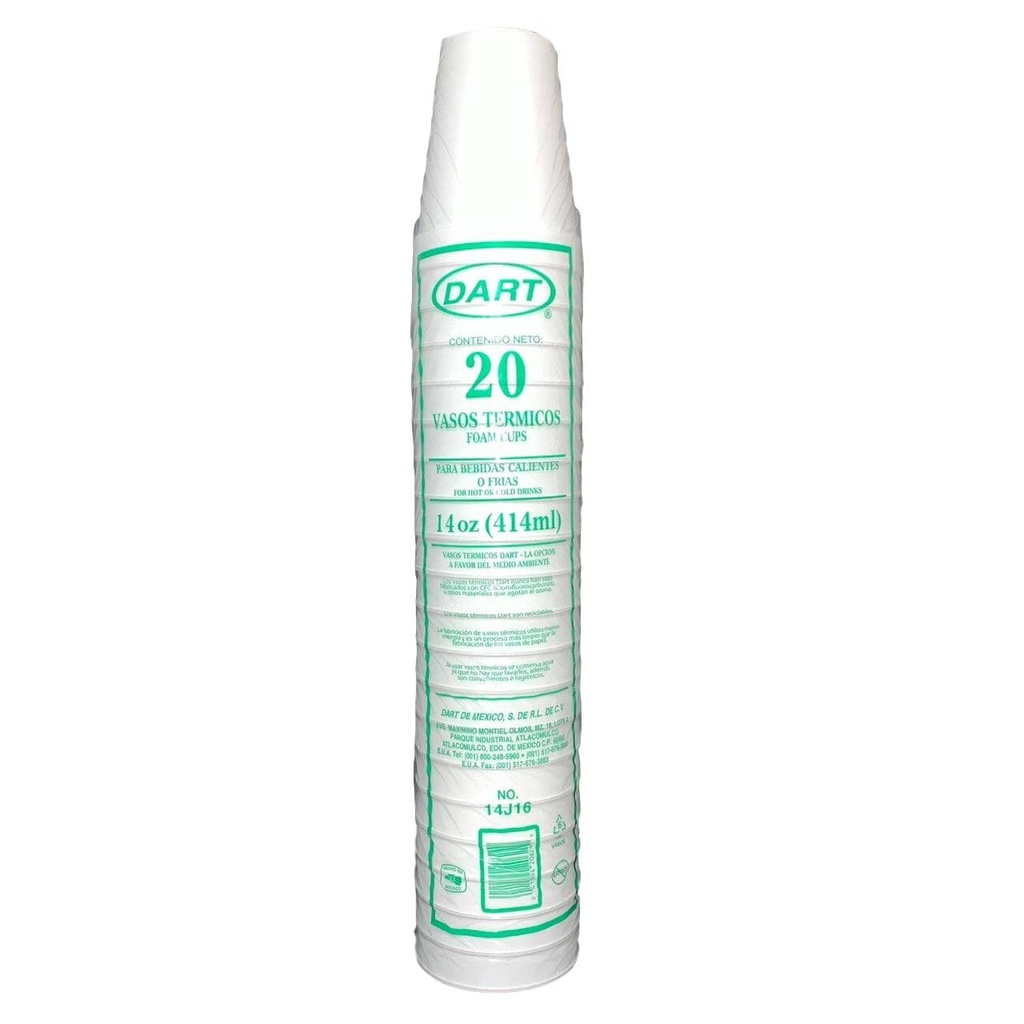 Manga De Vaso DART No.14J16 Termico Desechable C/20 Piezas #14J16