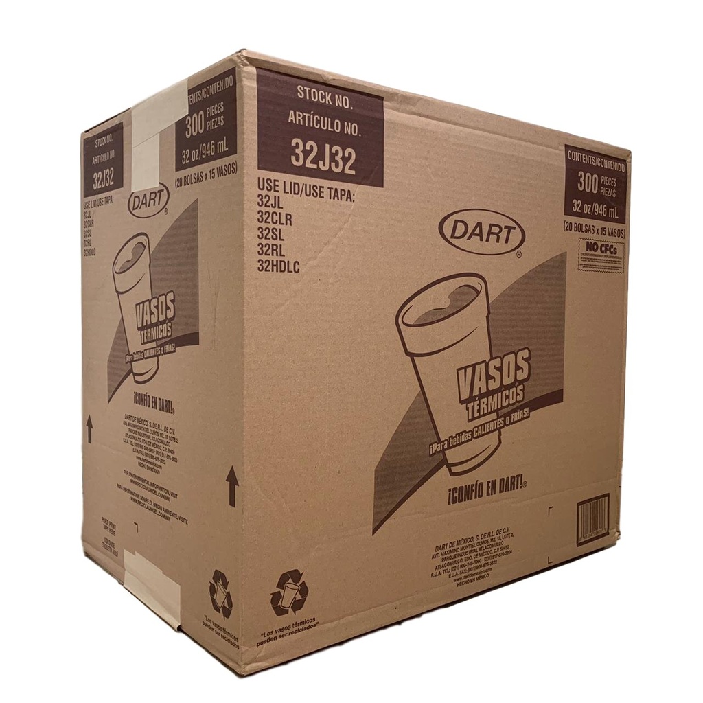 Caja De Vaso DART No.32J32 Térmico Desechable C/300 Piezas #32J32

