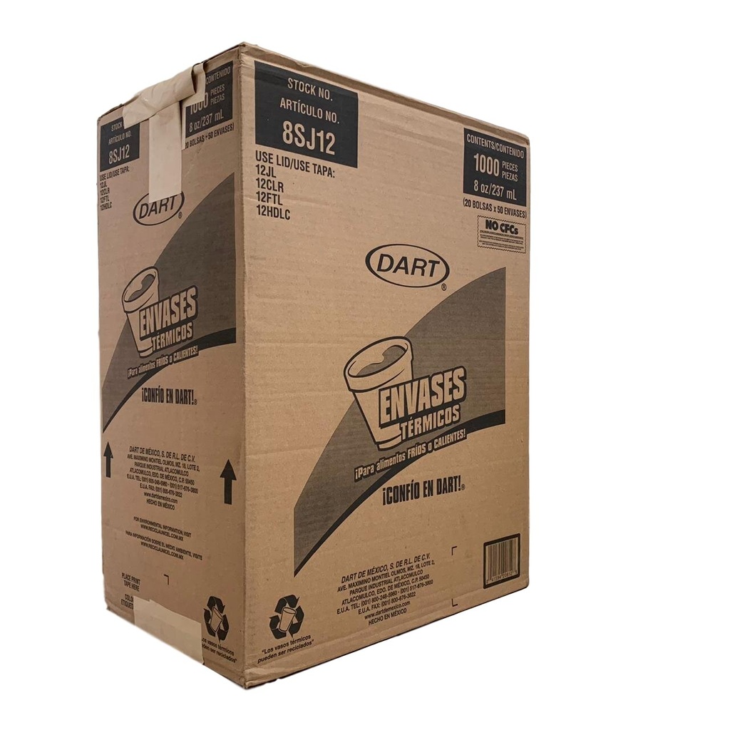 Caja De Vaso DART No.8SJ12 Térmico Desechable C/1000 Piezas #8SJ12